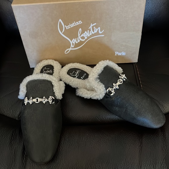 Christian Louboutin mens red bottom spike shearling leather loafer mules NWB - Picture 4 of 11